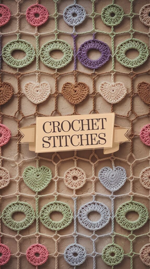 Crochet stitch samples with yarn and crochet hook