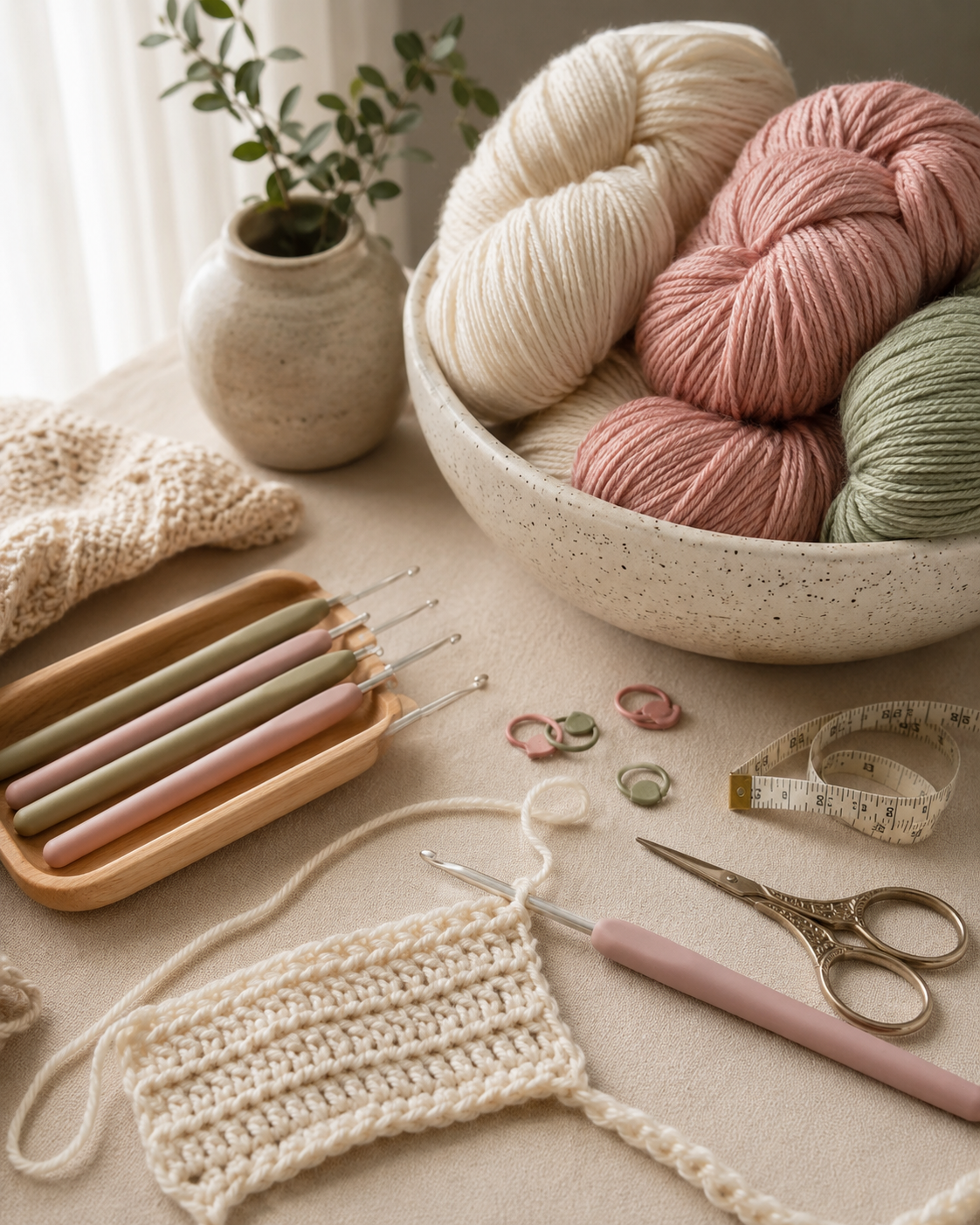 Crochet hooks yarn stitch markers and beginner crochet supplies