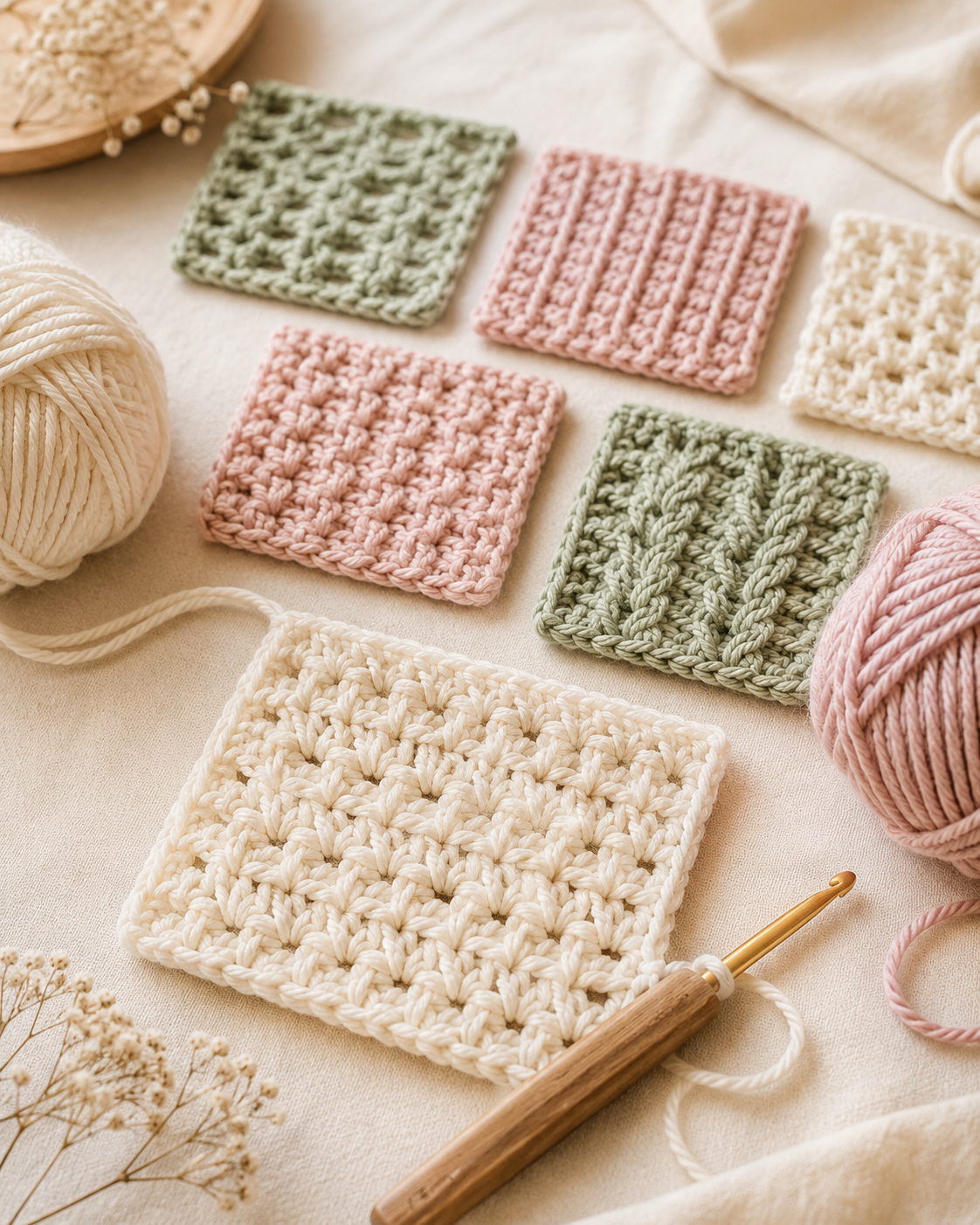 Close-up beginner crochet stitch with crochet hook