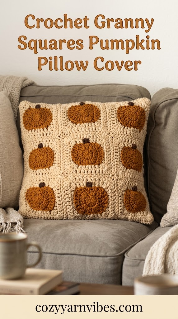 Crochet granny squares pumpkin pillow