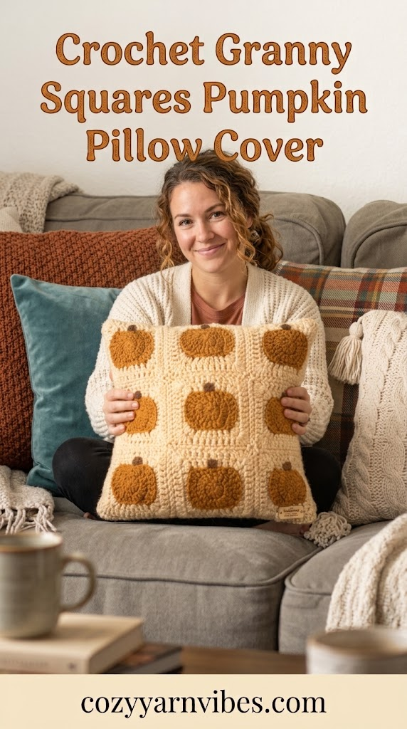 Crochet granny squares pumpkin pillow