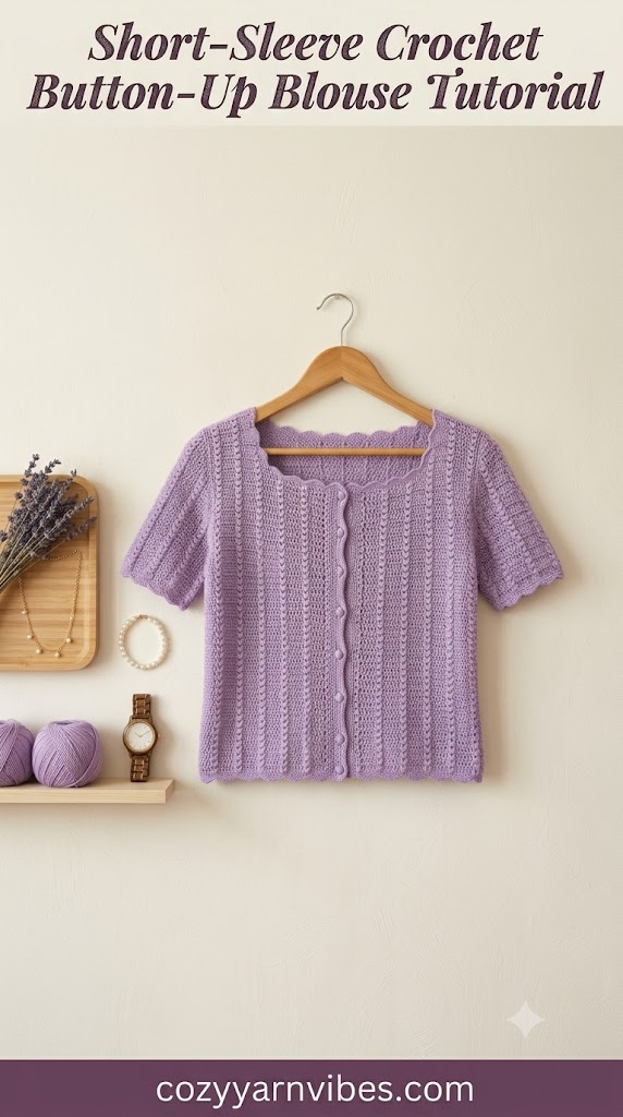 Short-Sleeve Crochet Button-Up Blouse
