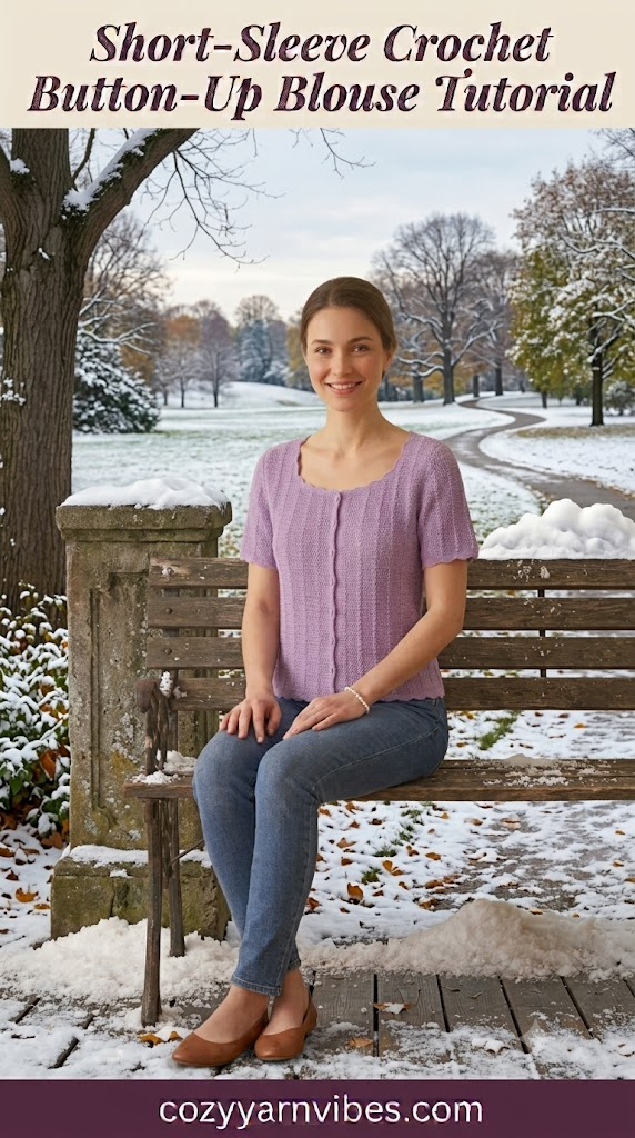 Short-Sleeve Crochet Button-Up Blouse