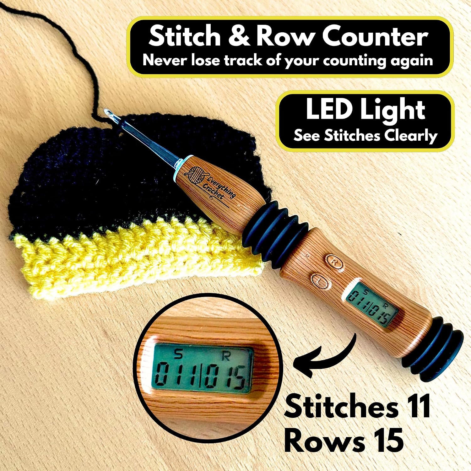 Crochet hook with built in stitch counter row counter and LED light
