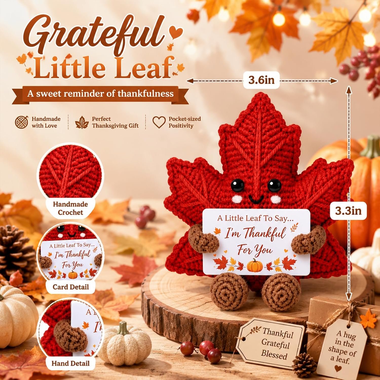 Crochet fall leaf Thanksgiving gift with thankful card